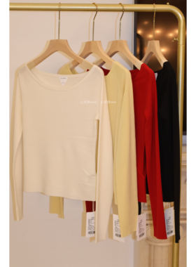 BBE礼贝 18针四平针羊毛蚕丝一字肩优雅气质修身针织上衣1317