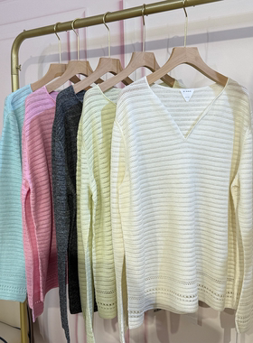 BBE 新款12针挑吼V领显瘦微透漏空温柔纯色羊毛亚麻针织长袖3022