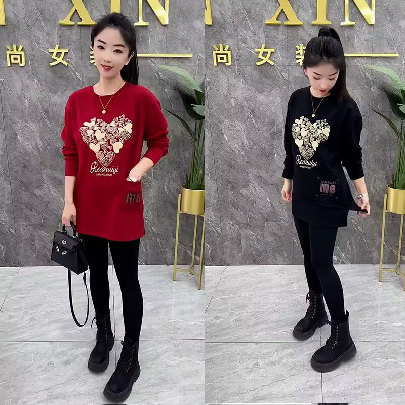 开叉加绒卫衣女圆领韩版秋冬新款宽松显瘦中长款口袋休闲长袖上衣,女装/女士精品,卫衣/绒衫,淘宝优惠券,粉丝福利购,淘宝优惠卷