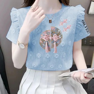 印花圆领气质蕾丝拼接减龄t恤上衣ins 新中式 国风2025新款 夏季 短袖