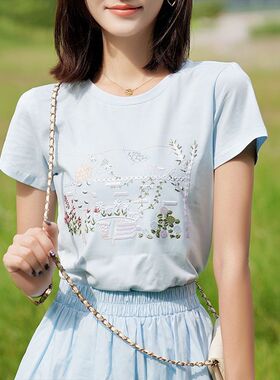 爆款休闲百搭蓝色绣花短袖t恤女夏季新款纯色宽松显瘦韩版上衣ins