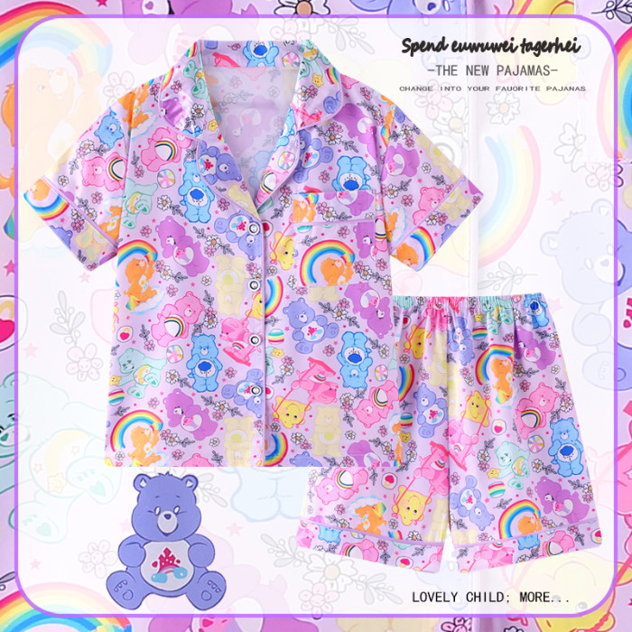 夏季儿童睡衣彩虹熊小孩学生薄款家居服套装