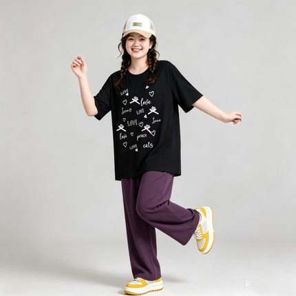 300斤大码女装夏新款胖MM韩版印花蝴蝶结宽松藏肉显瘦上衣短袖T恤