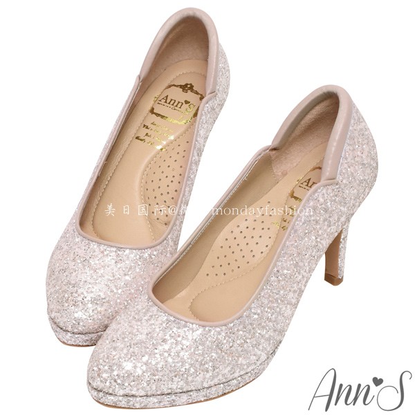 Ann’S絕美弧度-爆閃碎石防水台圓頭高跟婚鞋-3色