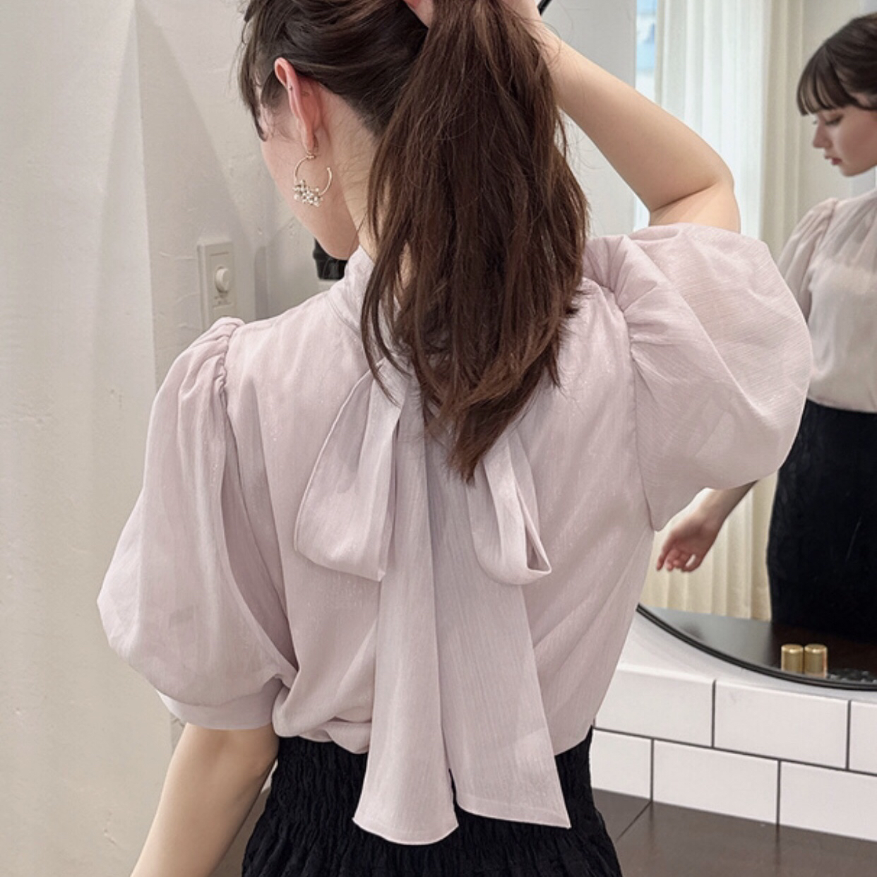 日本GRL 蝴蝶結绑帶Bling亮片兩穿雪纺上衣 4色