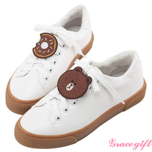 Grace gift x LINE FRIENDS-電繡徽章皮革休閒鞋 咖