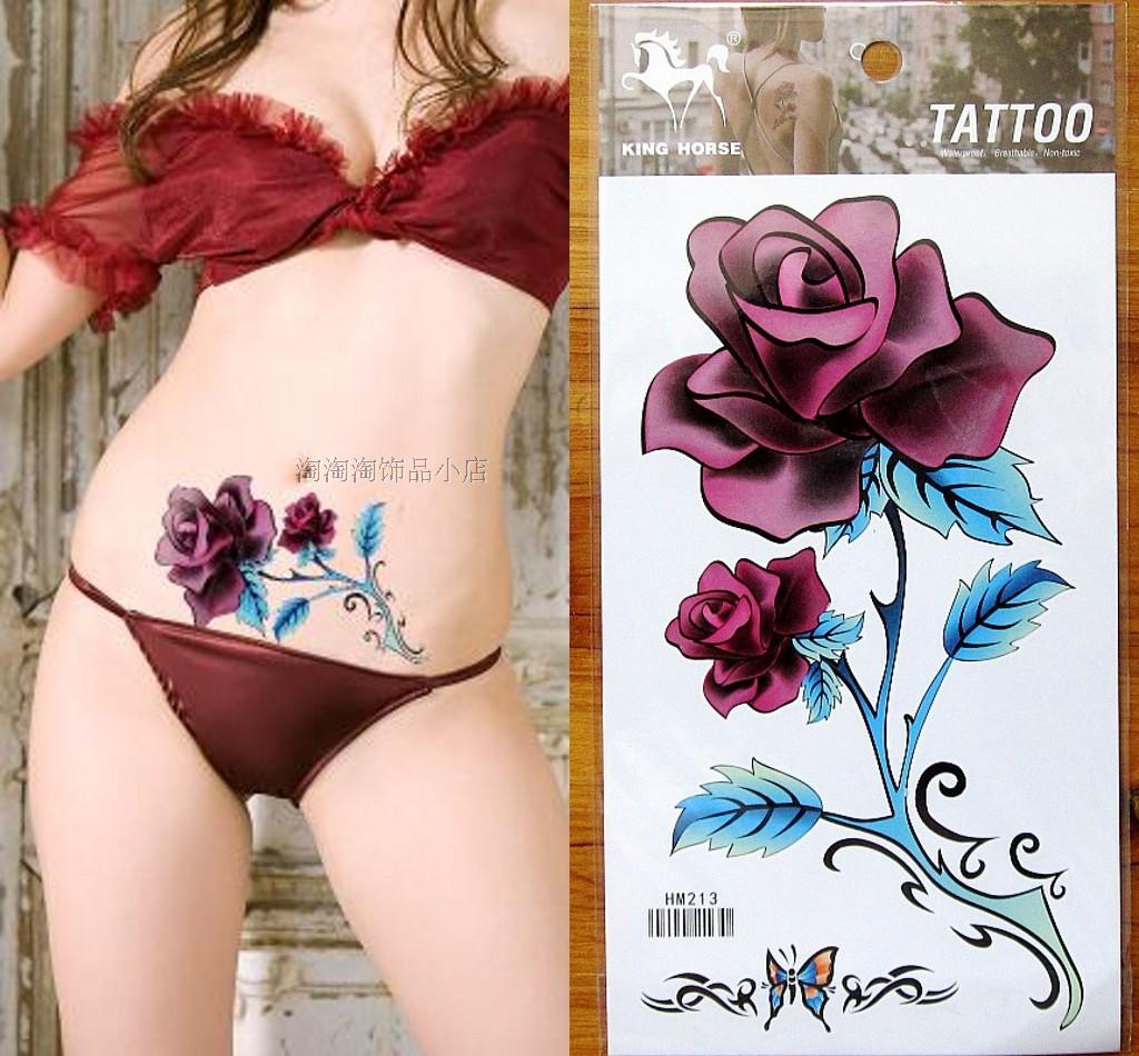 玫瑰花纹身贴防水持久仿真女款性感遮疤痕腹部背部大图4张包邮