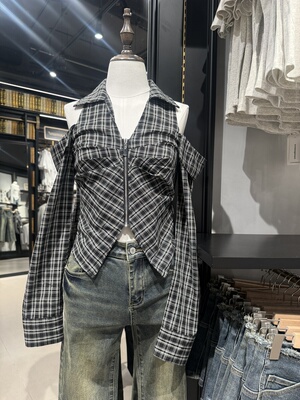 WM wmanagement国内正品代购格纹露肩上衣不支持退换