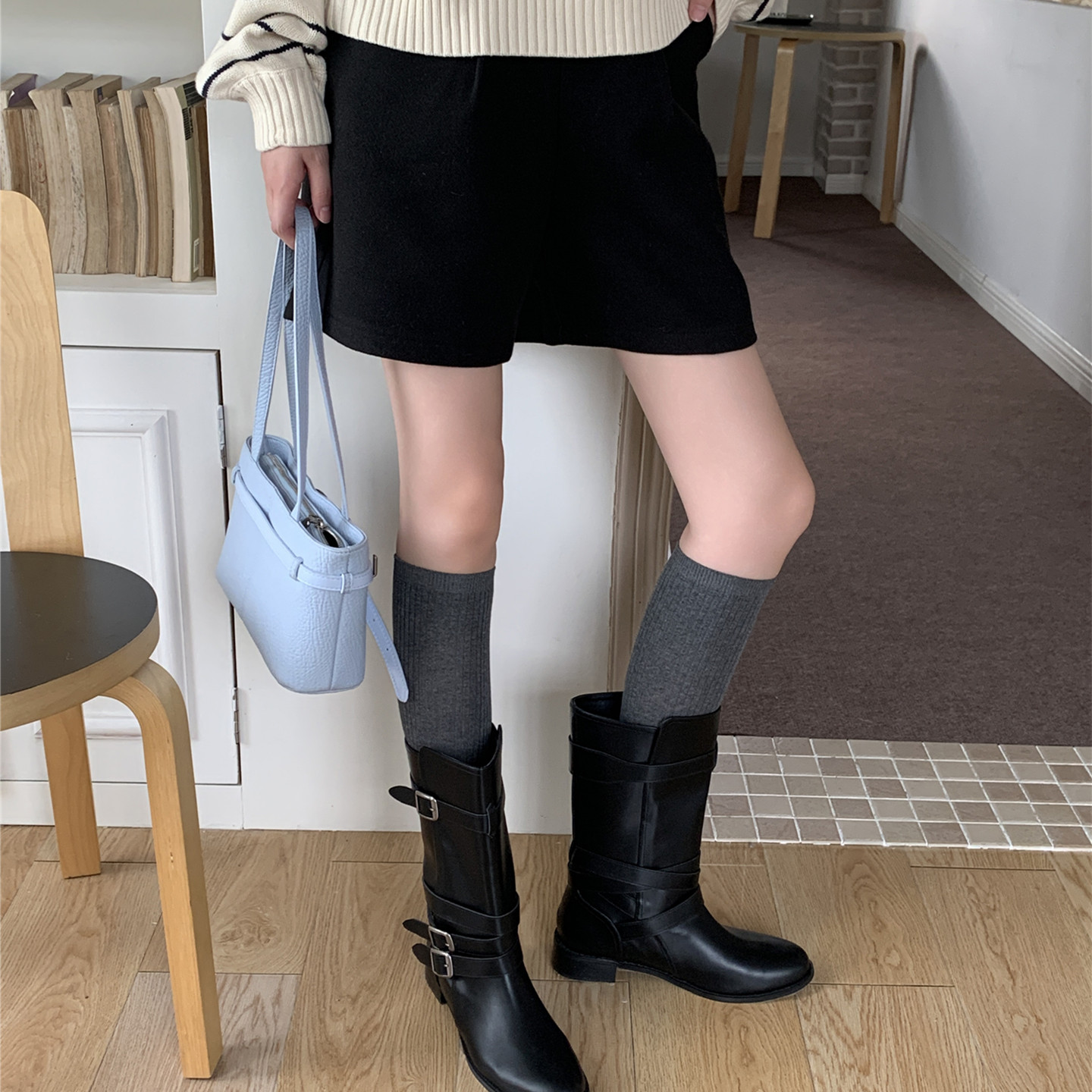全店满20元或6双包邮秋冬美拉德小腿袜女条纹灰色堆堆袜搭勃肯鞋