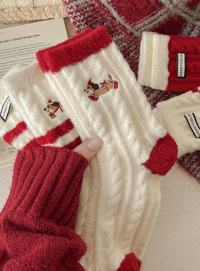 澳绒保暖秋冬季本命年红色中筒袜女加厚加绒ins腊肠狗保暖长筒袜