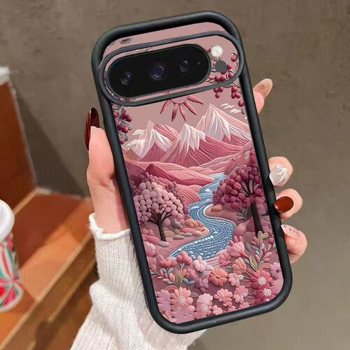 粉色油画山川适用于谷歌Pixel10proXL/10pro手机壳9proXL花朵Google Pixel8pro保护套7pro软壳7A/8A/10/10pro