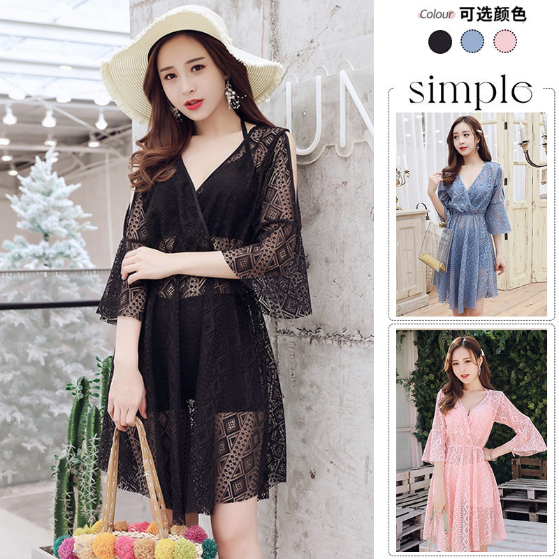 泳衣女分体三件套带钢托性感罩衫蕾丝超仙女士度假温泉泳装