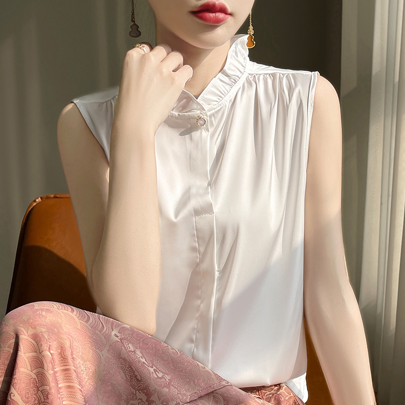 原创高级衬衣女内搭花边领西装打底衫无袖木耳背心仿真丝缎面上衣
