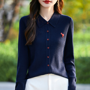 2024秋季新款抽条羊毛针织开衫女火鸟钉珠刺绣外套POLO领韩版外搭