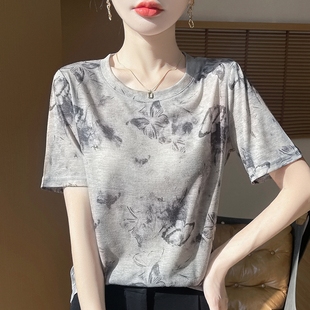 精纺水溶薄款 针织短袖 女圆领拼色印花宽松套头小衫 洋气百搭T恤衫