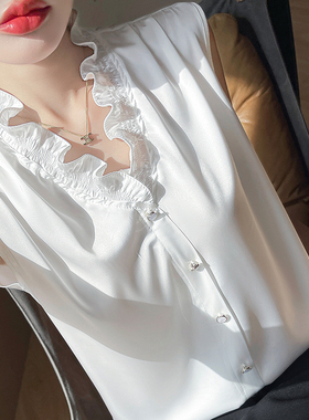 法式缎面无袖背心女士白色衬衫夏季花边V领内搭叠穿西装打底上衣