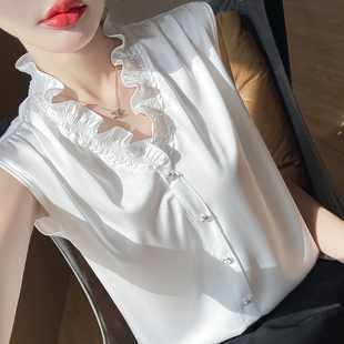 法式缎面无袖背心女士白色衬衫夏季花边V领内搭叠穿西装打底上衣
