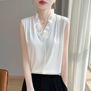 花边V领内搭叠穿西装 法式 夏季 背心女白色衬衫 打底上衣 缎面无袖