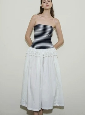 【泰国代购】设计师品牌 Pleased 抹胸条纹连衣裙长裙