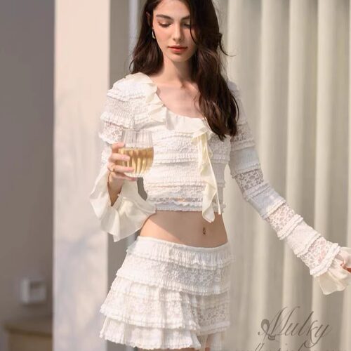 度假蕾丝长袖甜美上衣荷叶边裙裤