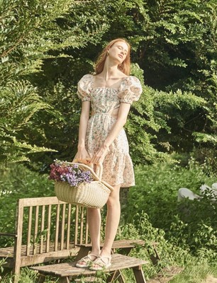 印花短袖泡泡袖露腰连衣裙短裙