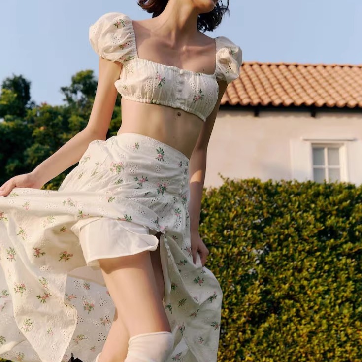 度假棉麻花朵泡泡袖上衣半裙长裙