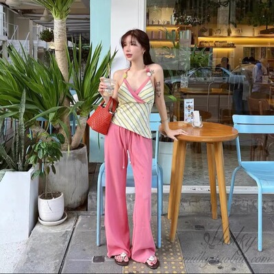 夏天度假条纹背心上衣长裤套装