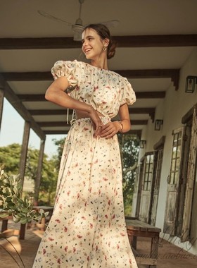 【泰国代购】设计师设计 Pleased 印花短袖泡泡袖露腰连衣裙