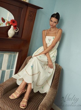 【泰国代购】设计师品牌 Pleased棉麻吊带度假碎花露背连衣裙长裙