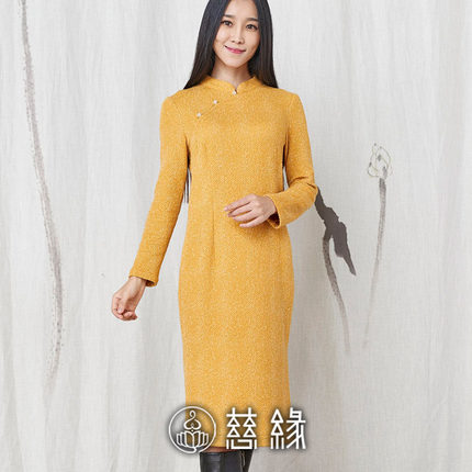 慈缘原创复古百搭中长款长袖秋冬款改良旗袍裙连衣裙中国风30818