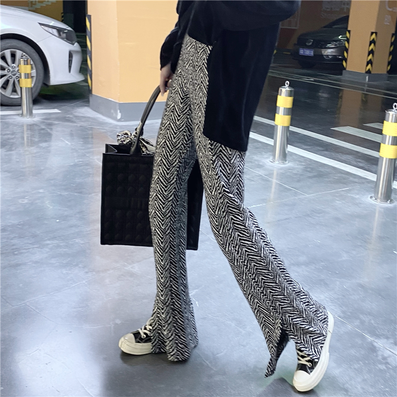 Real price loose split velvet long sleeve T-shirt + high waist showing thin micro jacquard knitted pants