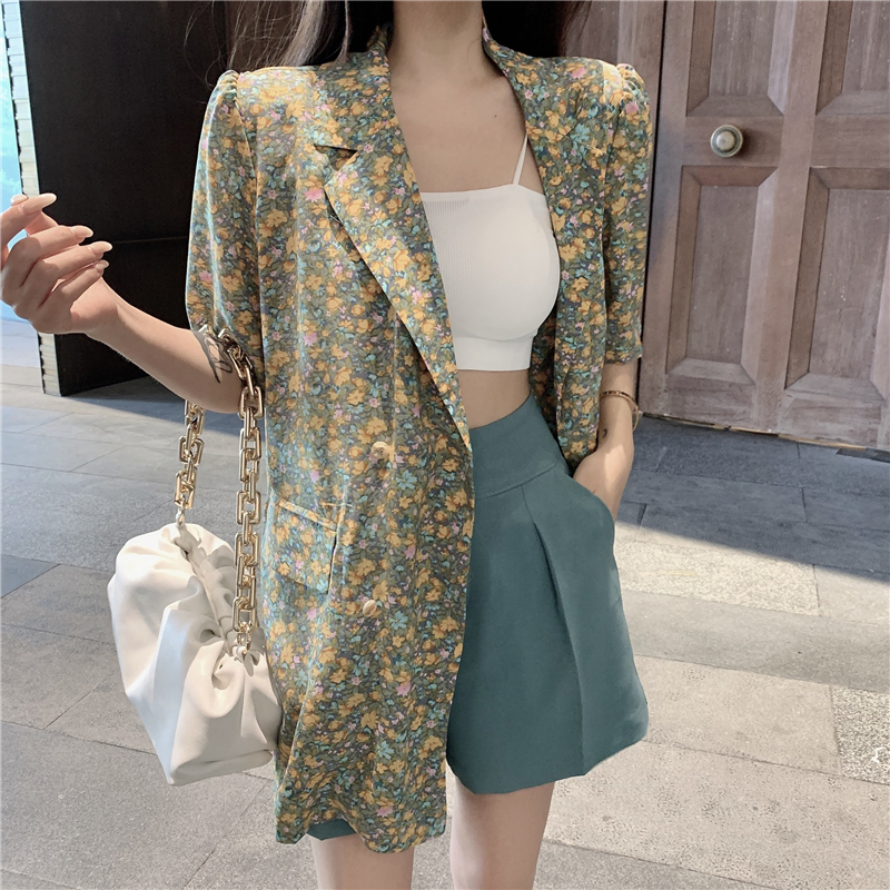 Real price retro Floral Chiffon suit short sleeve thin coat + western style High Waist Wide Leg Trousers