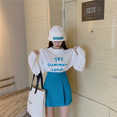 Real Price Loose Round-collar Printed Long-sleeved T-shirt + High Waist Button-wrapped Half-length Skirt