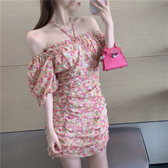 Real auction real price off shoulder sling square collar two wear floral skirt waist fold flower dress