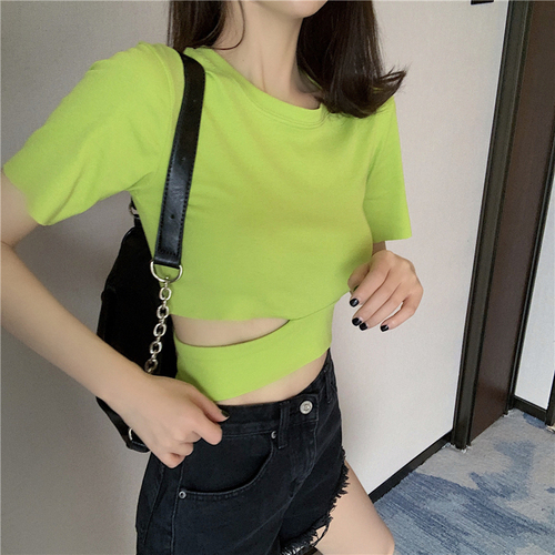 Real photo, real price, all kinds of solid color, hollow, open waist, thin and short T-shirt