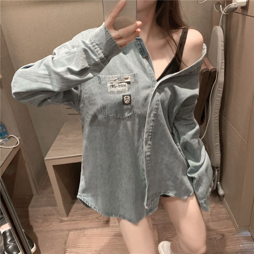 Real price foreign style loose denim shirt pocket label pin versatile long sleeve shirt coat