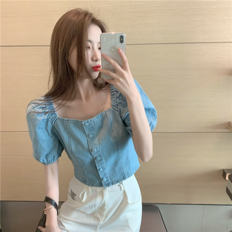 Real price bubble sleeve high waist slim square collar Denim Short Sleeve Shirt