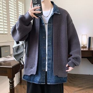 84873-特P78港风宽松针织开衫毛衣男外套牛仔拼接假两件外套图片