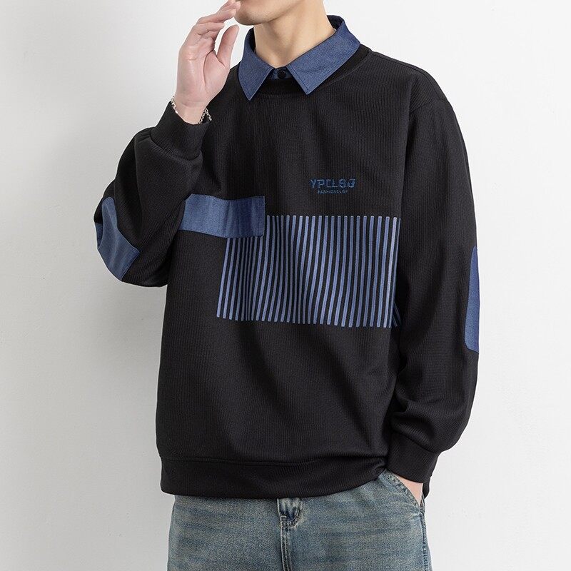 W25216-特P50春季休闲时尚衬衫领假两件卫衣男长袖打底衫，男装卫衣，电商D310（原电商305）