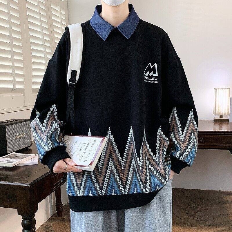 W25209-特P50假两件卫衣男款春秋季衬衫领打底衫宽松帅气套头衫,男装卫衣,电商D310（原电商305）