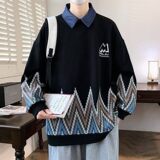 W25209-特P50假两件卫衣男款春秋季衬衫领打底衫宽松帅气套头衫，男装卫衣，电商D310（原电商305）