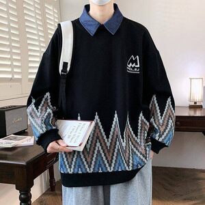 W25209-特P50假两件卫衣男款春秋季衬衫领打底衫宽松帅气套头衫图片