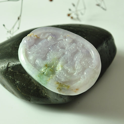 缅甸玉a货冰糯种紫罗兰龙牌挂件