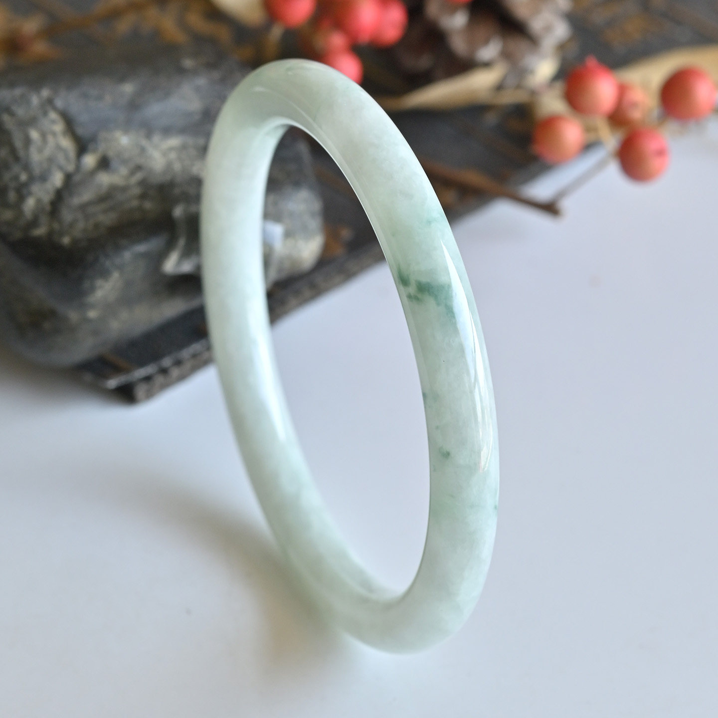 清仓天然A货翡翠手镯叮当镯冰糯种小飘花玉镯子58缅甸玉手镯圆条