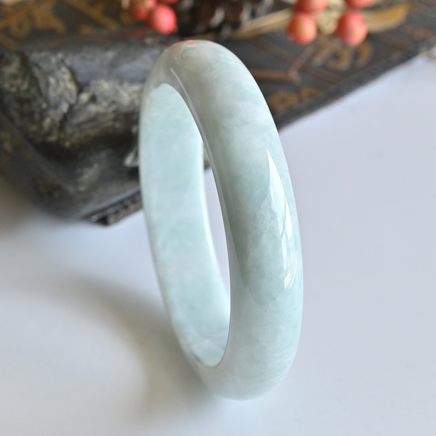 一物一图清仓天然A货翡翠手镯糯种淡绿玉镯子女款56.7缅甸玉手镯