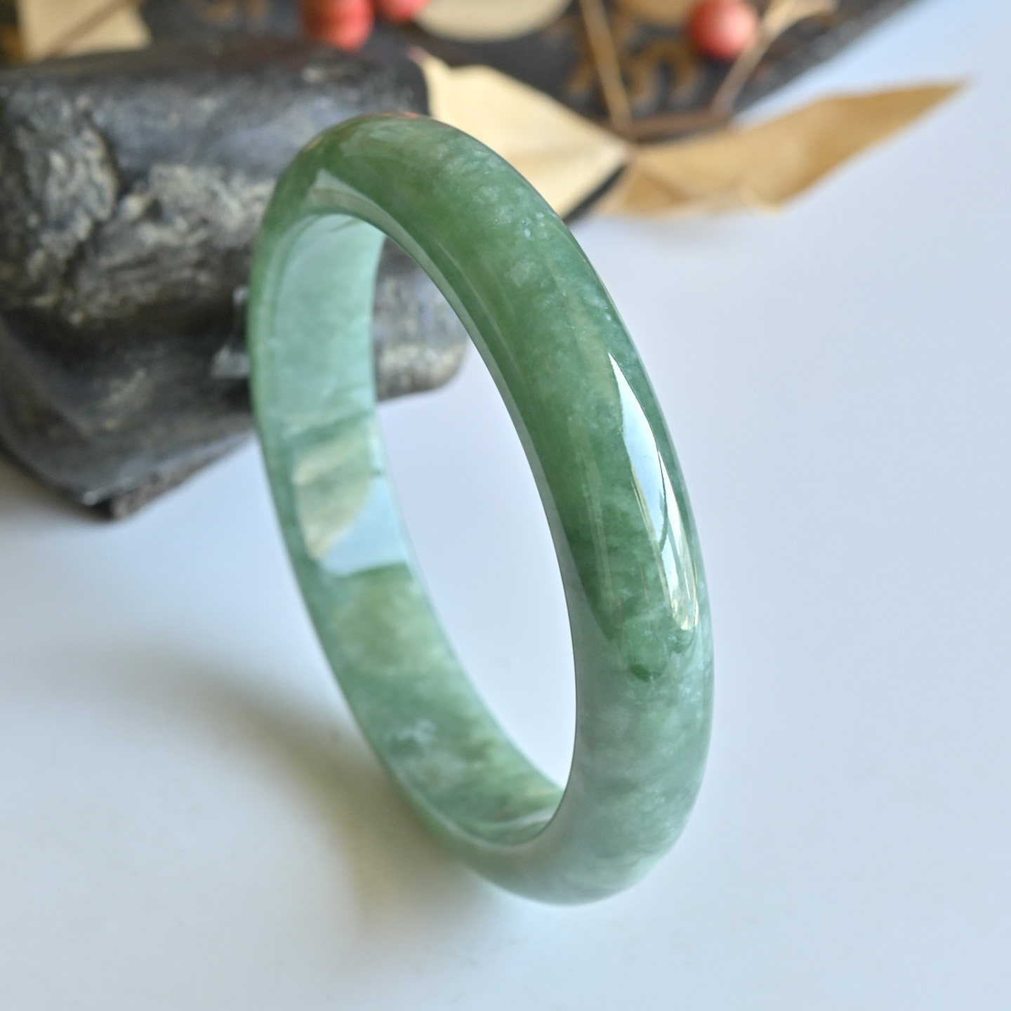 清仓天然A货翡翠手镯冰糯种满绿玉镯子女款54.3老坑缅甸玉器手镯