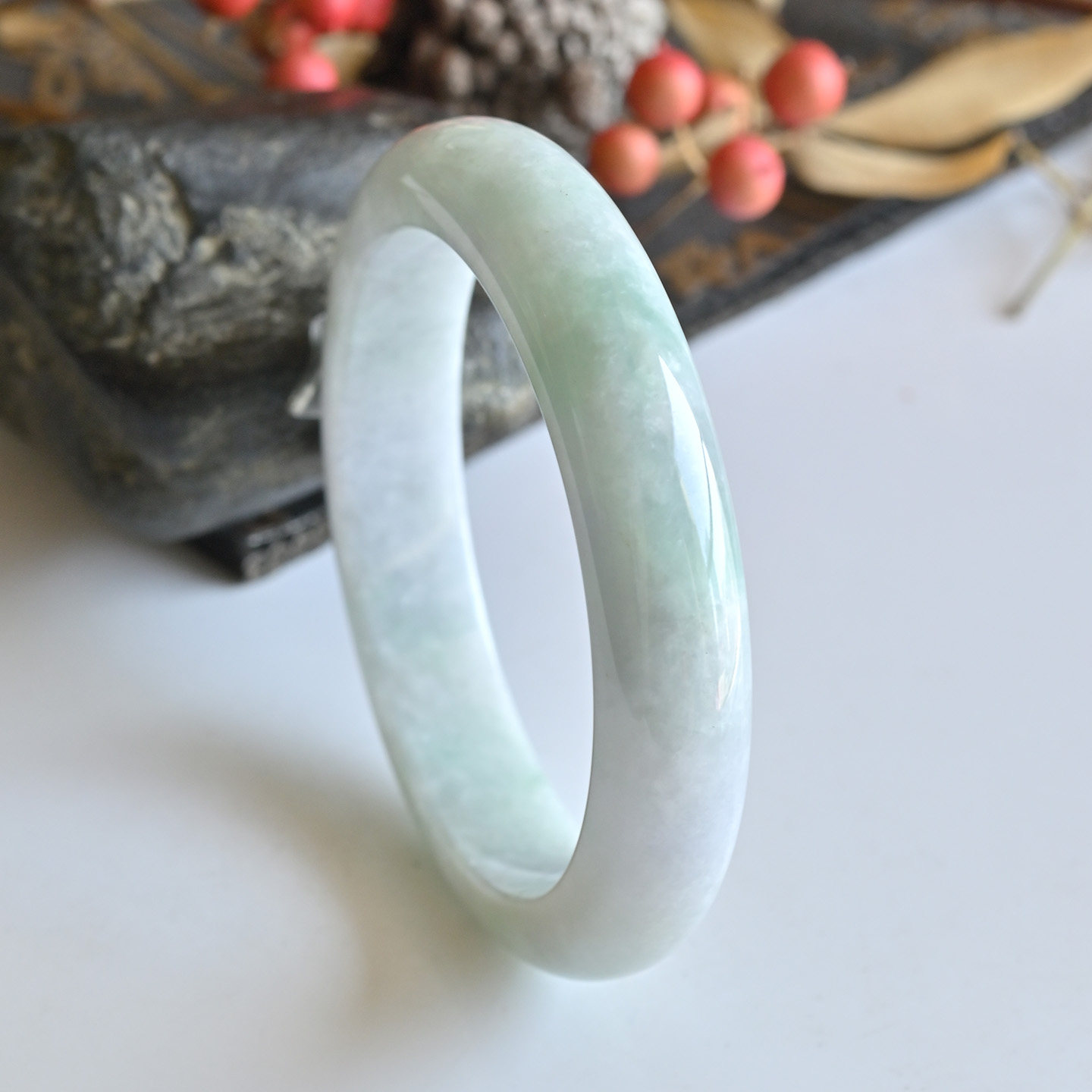 一物一图清仓天然A货翡翠手镯糯种浅绿玉镯子少女款56缅甸玉手镯