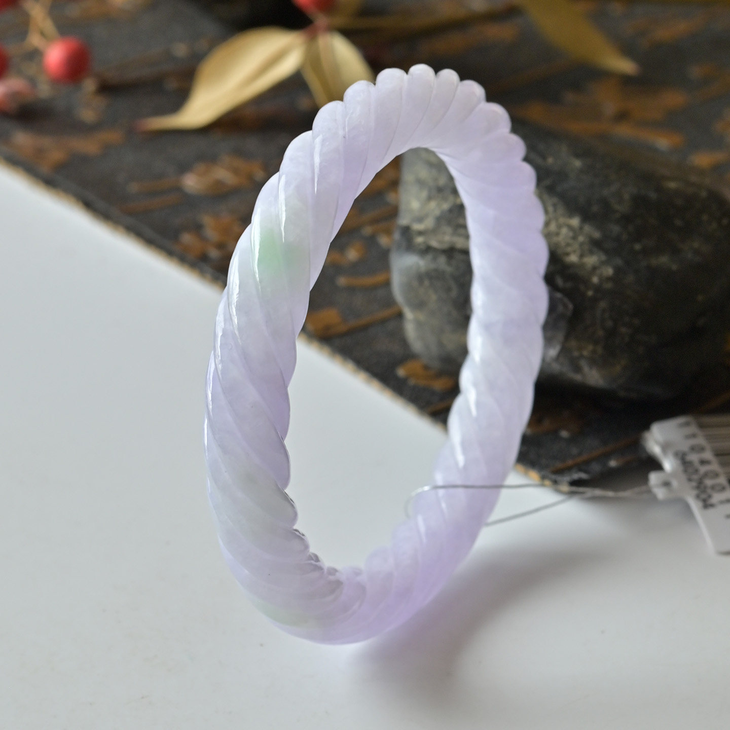 清货天然a货翡翠手镯冰糯种紫色玉镯子女款55缅甸雕花圆条玉手镯