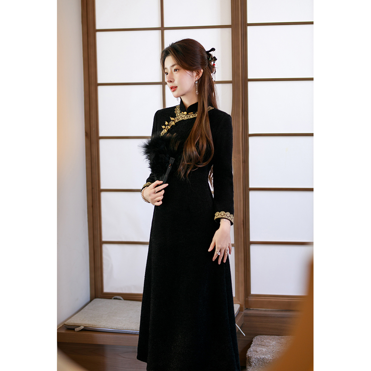 黑色复古旗袍女新款秋冬