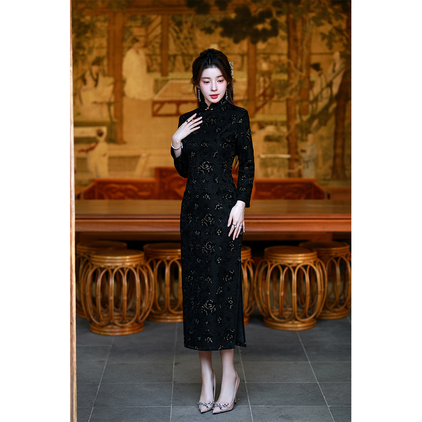 黑色绝美提花旗袍2025新款